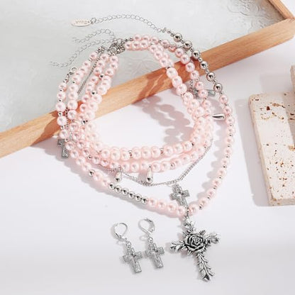 Bocar Gothic Cross Layered Pearl Necklace Chunky Statement Stacked Necklace Y2K Silver Layered Necklace for Women (NK-10769) - color: Pink