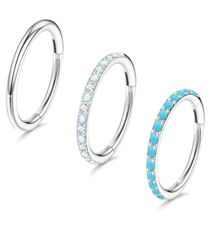3pcs Nose Rings Hoops - 316L Surgical Steel Nose Hoops 16G/18G/20G CZ Opal Turquoise Clicker Septum Nose Ring Lip Helix Cartilage Hoop Earring Daith Rook Conch Body Piercing Jewelry for Women Men 6mm 8mm 10mm - color: Silver, size: 18 gauge(1.0mm)-8mm