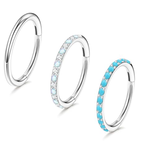 3pcs Nose Rings Hoops - 316L Surgical Steel Nose Hoops 16G/18G/20G CZ Opal Turquoise Clicker Septum Nose Ring Lip Helix Cartilage Hoop Earring Daith Rook Conch Body Piercing Jewelry for Women Men 6mm 8mm 10mm - color: Silver, size: 18 gauge(1.0mm)-10mm