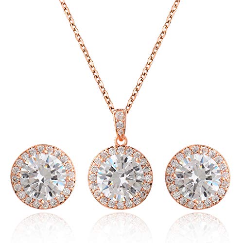 Bridal Crystal Jewelry Set - Sterling Silver Round Cubic Zirconia CZ Rhinestone Halo Birthstone Pendant Necklace Stud Earrings Set for Wedding Bride Bridesmaids Birthday Gift - color: Rose Gold