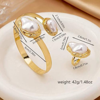 Chunky White Pearl Jewelry Accessories Sets for Women Fashion Open Knuckle Rings Baroque Pearls Bracelets Pack Irregular Geometric Arm Cuff Bracelet