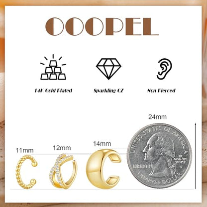 OOOPEL 3 Pairs 14K Gold Plated Ear Cuffs Non Piercing Lightweight Stackable Chunky Earring Cuff for Women Adjustable Non-Fading Fake Earrings Suitable for Christmas Gift - style: Cross CZ