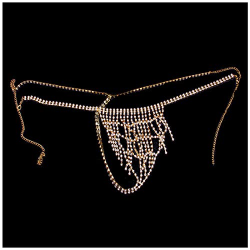 Women Sexy Rhinestone Waist Body Chain Bikini Thong Panties Crystal Body Chain Jewelry (Gold) - color: Fringed Panties