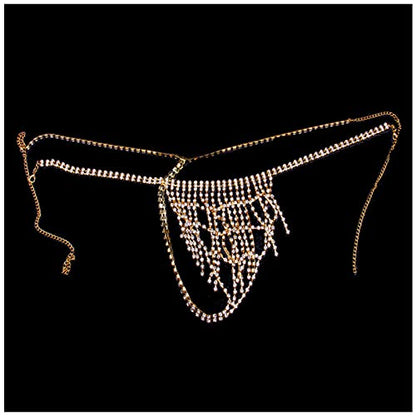 Women Sexy Rhinestone Waist Body Chain Bikini Thong Panties Crystal Body Chain Jewelry (Gold) - color: Fringed Panties