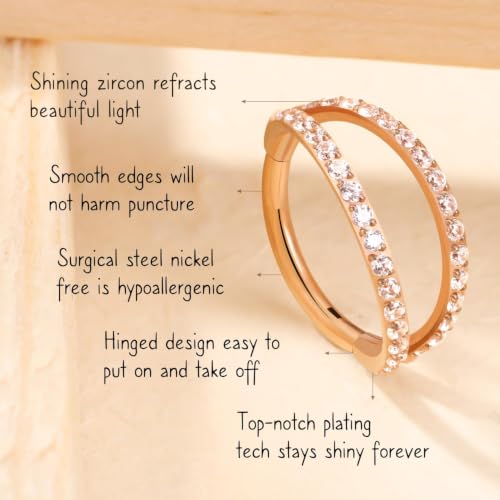 AROWRO Conch Piercing Jewelry Nose Rings Hoops Septum Cartilage Helix Rook | Surgical Steel Gold Silver Cartilage Earrings for Women Tragus Helix Piercing Jewelry 16G 18G 20G With Cubic Zirconia Opal - color: Rose Gold-D1 Clear CZ, size: 16G(1.2mm)-6mm