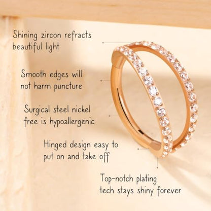 AROWRO Conch Piercing Jewelry Nose Rings Hoops Septum Cartilage Helix Rook | Surgical Steel Gold Silver Cartilage Earrings for Women Tragus Helix Piercing Jewelry 16G 18G 20G With Cubic Zirconia Opal - color: Rose Gold-D1 Clear CZ, size: 16G(1.2mm)-6mm