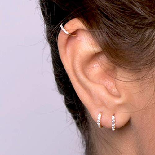 Silver Hoop Earrings for Women, 3 Pairs Small Sterling Silver Huggie Earrings | Tiny Cubic Zirconia Cartilage Cuff Earrings Hoop Piercing Jewellery for Men Teens (8mm/10mm/12mm) - color: 3 Pairs(8mm*3)-Gold
