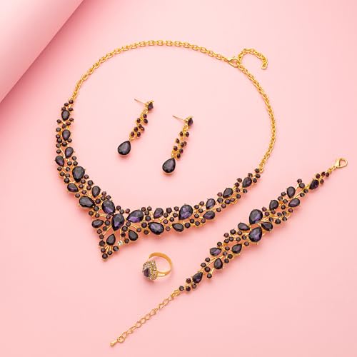 Paxuan Crystal Bridal Wedding Jewelry Sets for Women Rhinestone Teardrop Crystal Statement Choker Necklace Drop Earrings Link Bracelets Rings Teardrop Jewelry Set for Brides Bridesmaids - color: Gold Plated Purple Crystal