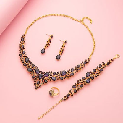 Paxuan Crystal Bridal Wedding Jewelry Sets for Women Rhinestone Teardrop Crystal Statement Choker Necklace Drop Earrings Link Bracelets Rings Teardrop Jewelry Set for Brides Bridesmaids - color: Gold Plated Purple Crystal