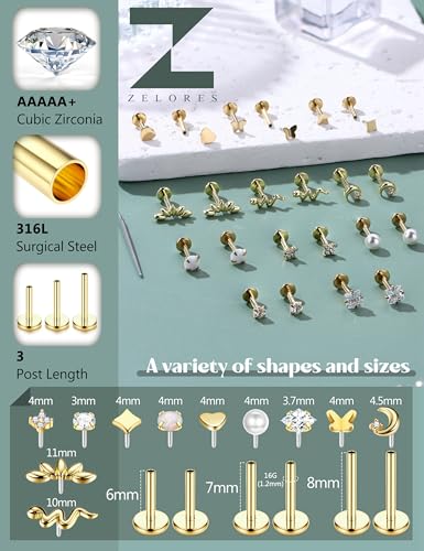 316L Stainless Steel 20G/16G Threadless Flat Back Push In Earrings Women | 11 Pairs 316L Hypoallergenic CZ Cartilage Conch Tragus Stud Earrings Nose Rings for Women, 14K Gold Plated, Silver, 6/7/8mm - color: 14K Gold Plated, size: 16G- bar length: 6/7/8mm