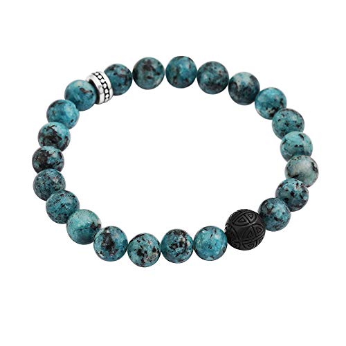 Geoffrey Beene Natural Stone Elastic 9mm Beaded Bracelet with Black Good Fortune Piece - color: Azurite Chrysocolla