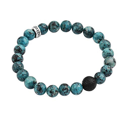 Geoffrey Beene Natural Stone Elastic 9mm Beaded Bracelet with Black Good Fortune Piece - color: Azurite Chrysocolla