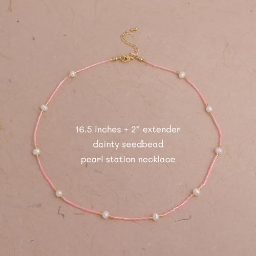 Gold Seed Beaded Necklaces for Women, Boho Handmade Adjustable Colorful Beads Choker Summer Beach Jewelry Gift. - color: Pink