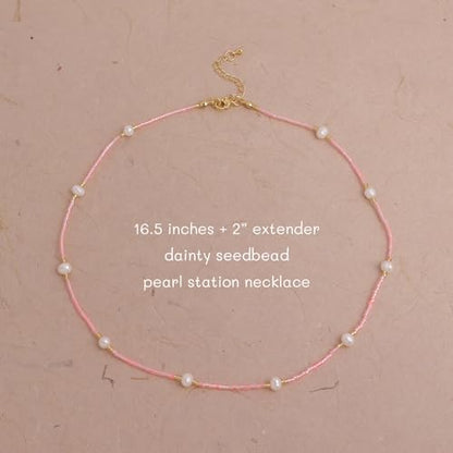 Gold Seed Beaded Necklaces for Women, Boho Handmade Adjustable Colorful Beads Choker Summer Beach Jewelry Gift. - color: Pink