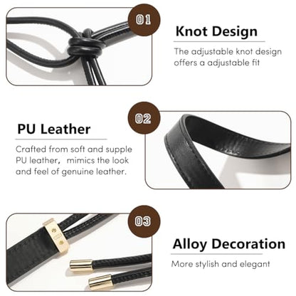 Women's Knotted Thin Waist Belt PU Leather Skinny Belts for Dresses Pants - color: Black