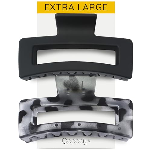 XXL Jumbo Rectangle Claw Clips for Thick Hair - Strong Hold Hair Clips | Rectangle Design | Matte Finish | Non Slip | Wide Opening | 2 Pack (Black & Gray Leopard) - color: Black & Gray Leopard