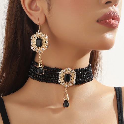 Missgrace Women Silver Black Green Red Rhinestone Crystal Tassels Bridal Necklace Earrings Sets Teardrop Necklace Dangle Earrings Set for Wedding Brides Bridesmaid - color: Black
