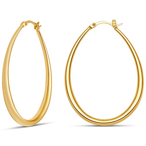 Milla Oval Hoop Earrings for Women | Elegant Polished 14K Gold, Rose Gold or Silver Plated Hoops with Secure Latch Closure, Hypoallergenic & Lightweight - color: 14K Gold Plated / 1.8 in - SMALL