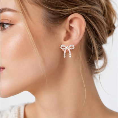 Gold Bow Knot Stud Earrings, Pearl Bow Earrings, for Women | Pearl Beaded Dangle Statement Earring, Pearls Earrings Small Tiny Simple Bows Earring Jewelry, Wedding Fashion Jewelry Gifts