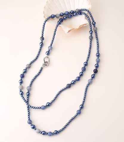 Long Beaded Necklaces for Women Pearl Stone Bead Strand - Layered Sweater Chain Elegant Mother's Day Jewelry Gifts - color: Blue