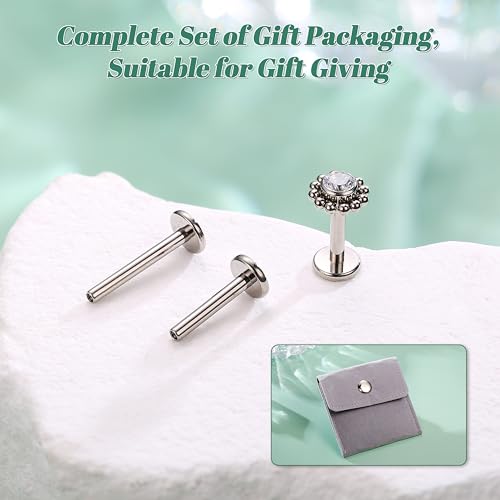LOLIAS 16G G23 Titanium Tragus Conch Helix Piercing Jewelry 6mm 8mm 10mm - Internally Threaded Flat Back Stud Cartilage Earrings Hypoallergenic Forward Earlobe Labret Tragus Piercing Jewelry - color: Flower-Titanium