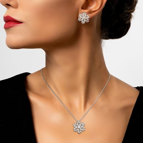 Gold Silver Stud Earrings Pendent Necklace Sets for Women, Dainty Rhinestone Crystal Necklace Earing Jewelry Set Wedding Accessories Fashion Holiday Gift - color: snowflakesilver