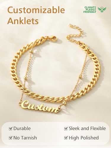 FindChic Custom Ankle Bracelets for Women, Stainless Steel Figaro/Cuban/Wheat/Rope/Herringbone Chain Anklets, Beach Foot Jewelry 8.5''-10.5'' Adjustable & Waterproof, with Gift Box - style: Cuban Chain-Gold