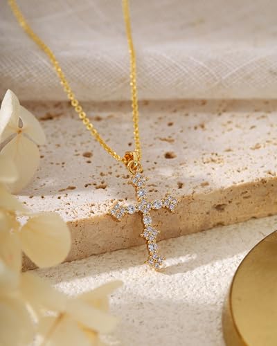 Cross Necklace for Women, 14K Gold Plated Cubic Zirconia Cross Pendant Necklace, Trendy Christian Jewelry Gifts for Baptism First Communion Christmas - color: Style C - Gold