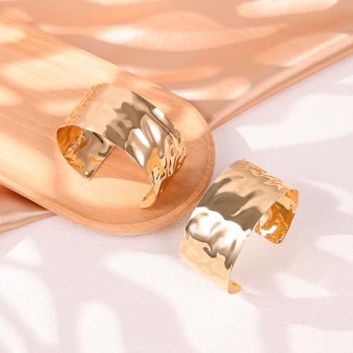 2Pcs Cuff Bangle Bracelet for Women Open Wide Bangle Bracelet Set | minimalist statement bangle bracelets，wrist cuff wrap bracelet adjustable，open wide wire grooved hammered bracelet set - color: 2PCS-Gold-E