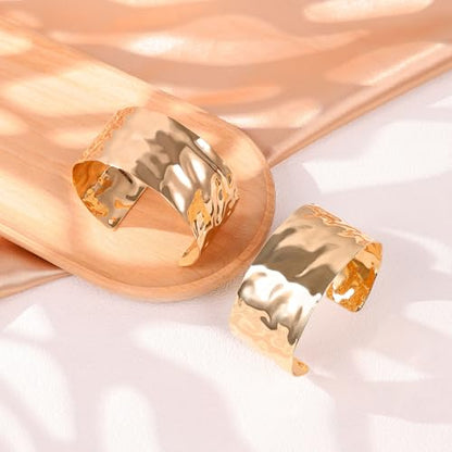 2Pcs Cuff Bangle Bracelet for Women Open Wide Bangle Bracelet Set | minimalist statement bangle bracelets，wrist cuff wrap bracelet adjustable，open wide wire grooved hammered bracelet set - color: 2PCS-Gold-E