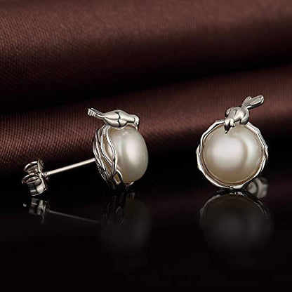 Han han Pearl Stud Earrings for Women 925 Sterling Silver, Pearl Jewelry Gift for Women 8MM-13MM - style: G-Bird Pearl Studs-8mm