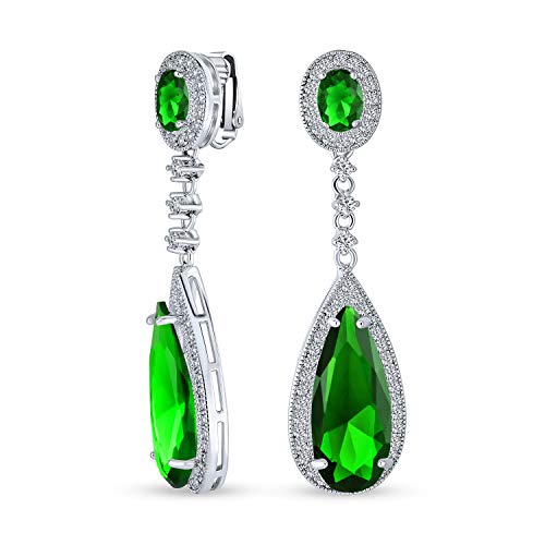 Long Cocktail CZ Halo Teardrop Chandelier Clip On Earrings Silver Plated - color: Green