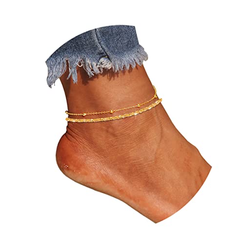 Sparkling Ankle Bracelets for Women Waterproof,18K Gold Plated Anklets for Women Large Ankles - color: B-2pcs Mix Beaded Chain-Gold