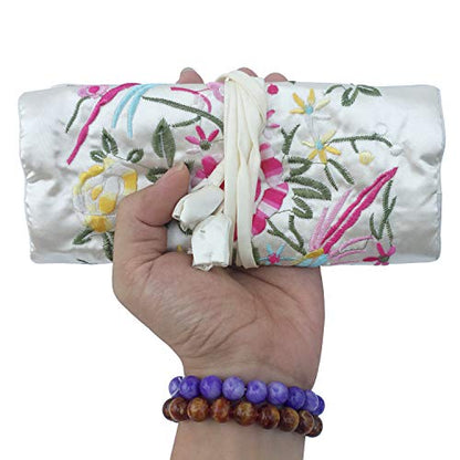 Travel Jewelry Roll Bag - Silk Embroidered Brocade Pouch for Rings, Necklaces, Earrings, Bracelets | Lightweight & Tie Closure (White) - color: White