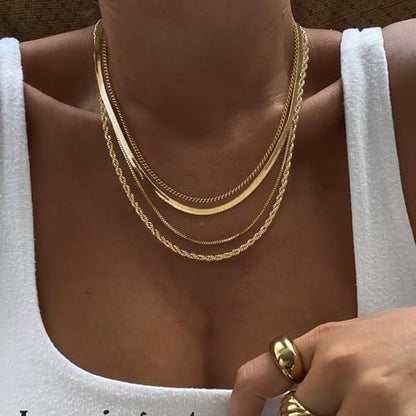 Tewiky Layered Necklaces for Women 14k Gold Plated Chain Necklace Set | Chunky Herringbone/Snake/Rope/Box/Cuban Link Chain for Women, Layering Stack Choker Necklace, Dainty Jewelry Set Non Tarnish - color: 4 Layered Necklace Gold
