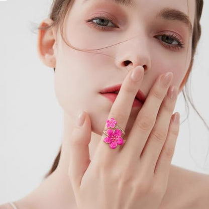 NewZenro Elegant Flower Enamel Adjustable Open Ring for Women Gold-Tone Plated Chic Cherry Blossoms Floral Statement Finger Wrap Band Rings Comfort Fit Wedding Party Prom Fashion Jewelry - color: Hot Pink