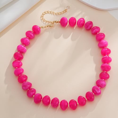 Colorful Chunky Beaded Necklaces for Women Multicolor Large Round Resin Beads Collar Necklace Boho Trendy Statement Chokers Y2K Summer Beach Jewelry - color: Hot Pink-Oval
