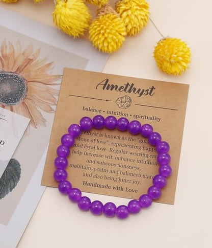 BOMAIL Natural Stone Beaded Bracelet for Women Men | 8mm Round Beads,Healing Crystal,Semi-Precious Gemstone,Yoga,Stretch,Bracelets Jewelry Gift - color: Amethyst