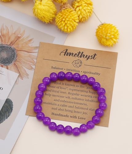 BOMAIL Natural Stone Beaded Bracelet for Women Men | 8mm Round Beads,Healing Crystal,Semi-Precious Gemstone,Yoga,Stretch,Bracelets Jewelry Gift - color: Amethyst