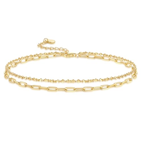 14K Gold Anklets for Women Gold Ankle Bracelets for Women | 14K Gold Anklets for Women Double-Layer Design Delicate Chain Stacked with Paperclip Link Anklets for Womens Ankles Bracelets
