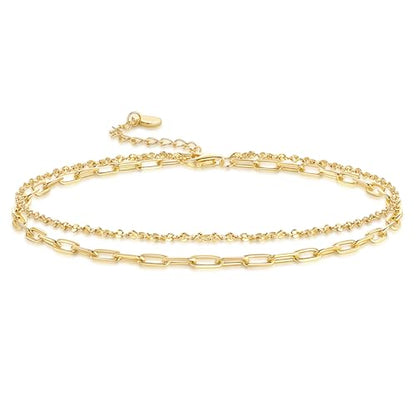 14K Gold Anklets for Women Gold Ankle Bracelets for Women | 14K Gold Anklets for Women Double-Layer Design Delicate Chain Stacked with Paperclip Link Anklets for Womens Ankles Bracelets