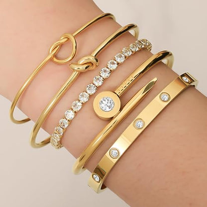 18 K Gold Plated Love Bangle Bracelet Stack Cuff Jewelry for Women Jewelry Set for Women Gift with Box - style: style8