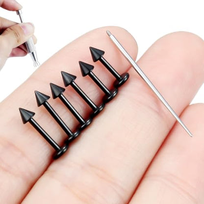 Internally Threaded Labret Studs 18G 16G 14G Surgical Steel Lip Piercing Jewelry with Claw Tool Monroe Snake Bite Jewelry Flat Back Barbell for Women Men Plus Piercing Ball Grabber Tool - color: black, size: 18g,spike end
