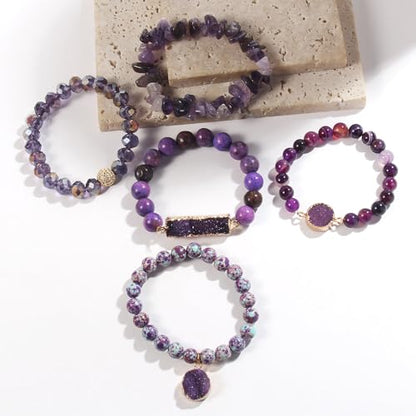Yomisa 5PCS 6PCS Natural Boho Beaded Bracelets/Bangle for Women Men,Healing Turquoise Jasper Agate Crystal Gemstone Stone Chakra Multilayer Wrap Bohemian Handmade Jewelry Beads Stretch Bracelet Set - color: 5PCS-Purple