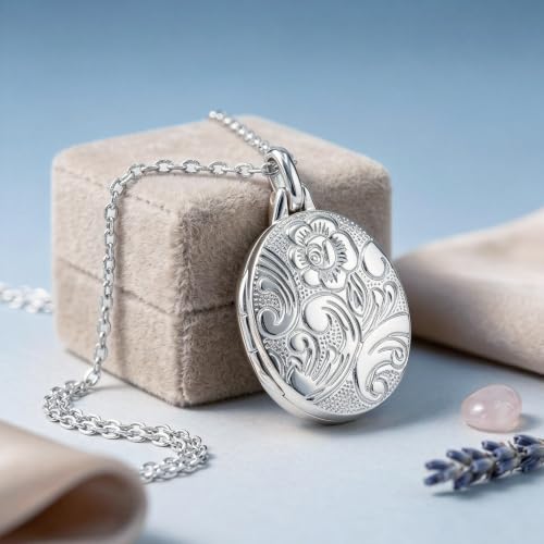 YOUFENG Love Heart Locket 14K Gold-Filled Oval Circle Rectangle Lockets that Hold Pictures Floral Patterns Necklace for Women - style: Silver Oval