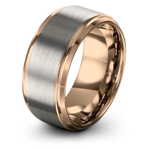 Tungsten Wedding Band Ring Black 10mm Men Women Comfort Fit 18k Rose Gold Step Edge Brushed Polished - color: Rose Gold Grey Tungsten
