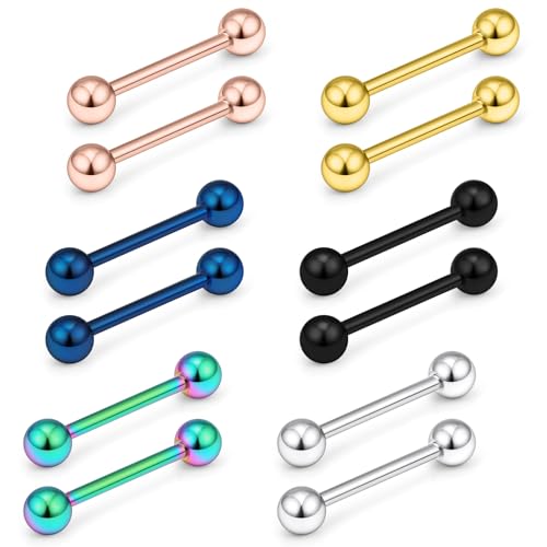 14G Threadless Tongue Rings Piercing Jewelry Surgical Steel Straight Barbell Nipple Tongue Ring Piercing Jewelry For Women Men 14MM 16MM Bar Length Ball Size 5MM Mix Color - size: 14 Gauge-16MM Length Bar