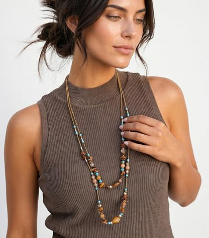 Noessla Boho Long Beaded Necklaces for Women Double Layer Chunky Irregular Stone Beads Strand Statement Jewelry Mothers Day Gifts - color: Brown