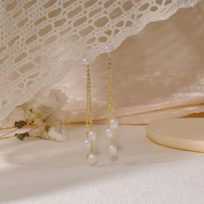 Gold Earrings for Women, 14K Gold Plated Tassel Dangle Earrings for Women Trendy Hypoallergenic Long Chain Earring Dainty Pearl Drop Earrings Elegant Wedding Earring Fashion Jewelry for Womens - color: Pearl&Style 1