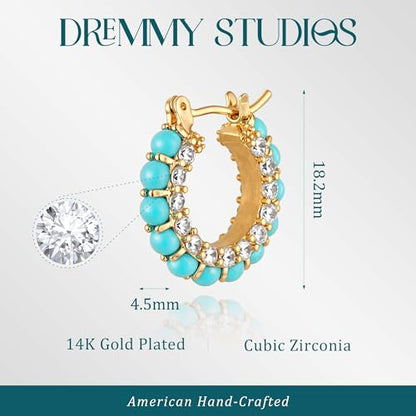 DREMMY STUDIOS Gold Dainty Huggie Hoop Earrings 18K Gold Plated Exquisite Open Tassel Dangle Charm Drop Sleeper Geometric Cross Coin Star Heart White CZ Simple Hypoallergenic Earrings for Women - color: Turquiose CZ Hoops